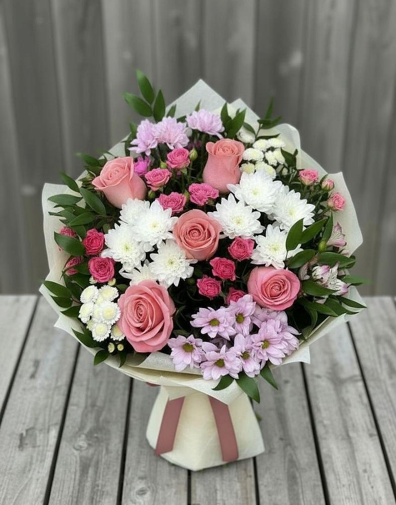 Букет цветов из: Альстромерии, Гвоздики, Розы и Хризантемы в Октябрьский Хабаровский край