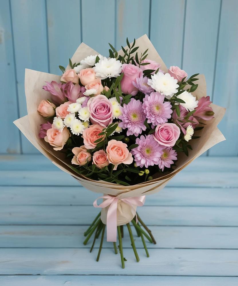 Букет цветов из: Хризантемы, Розы и Альстромерии в Октябрьский Хабаровский край