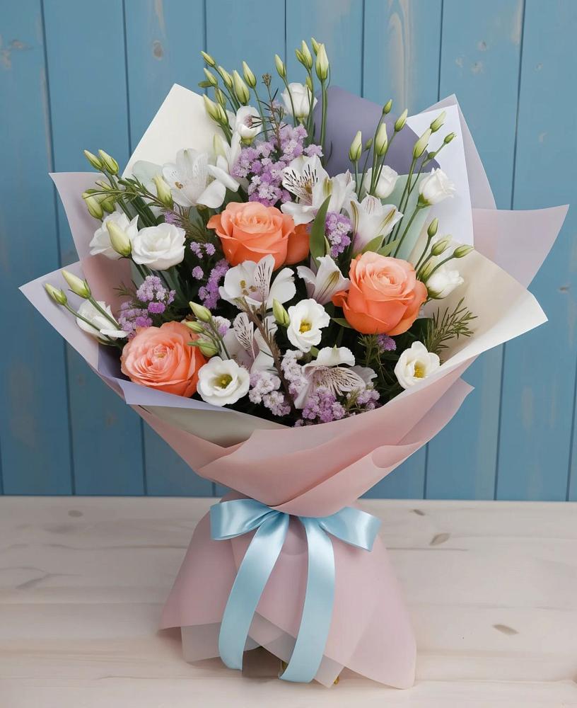 Букет цветов из: Лизиантусы, Розы, Альстромерии и Гипсофила в Октябрьский Хабаровский край