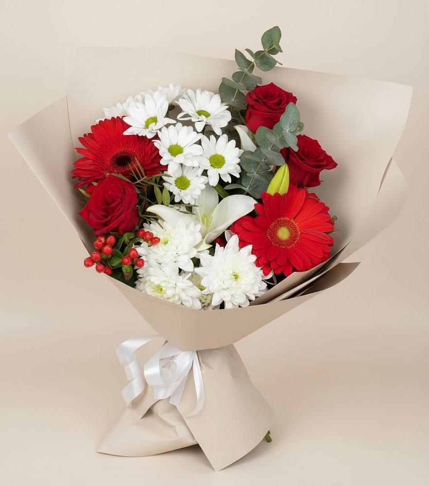 Букет цветов из: Розы, Хризантемы, Герберы и Лилии в Октябрьский Хабаровский край