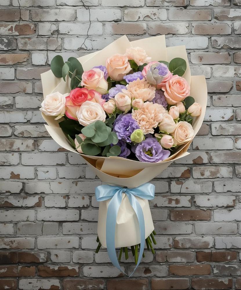 Букет цветов из: Розы, Лизиантусы и Гвоздики в Октябрьский Хабаровский край