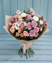 Букет цветов из:  Хризантемы, Розы и Альстромерии в Октябрьский Хабаровский край