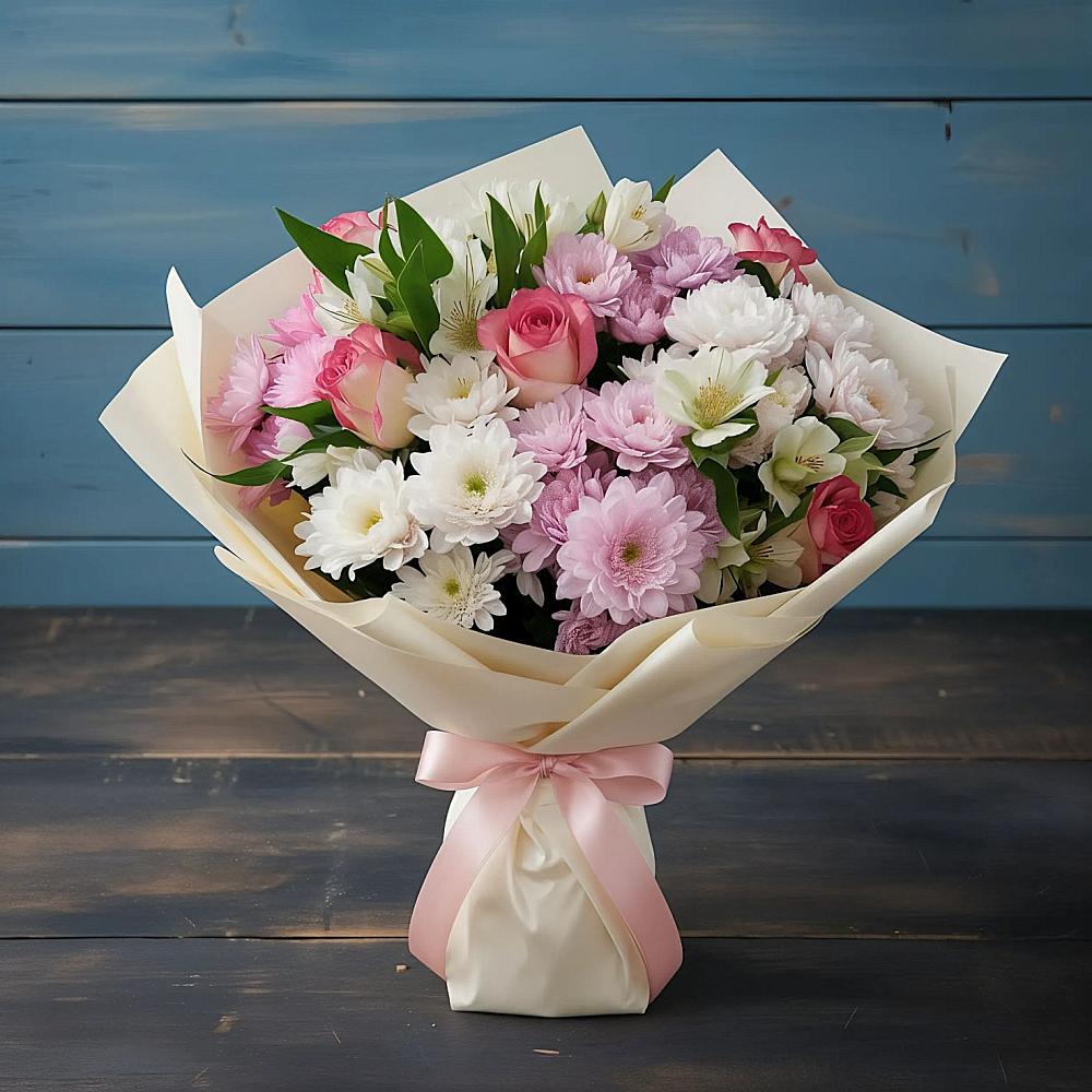 Букет цветов из: Хризантемы, Альстромерии и Розы в Октябрьский Хабаровский край